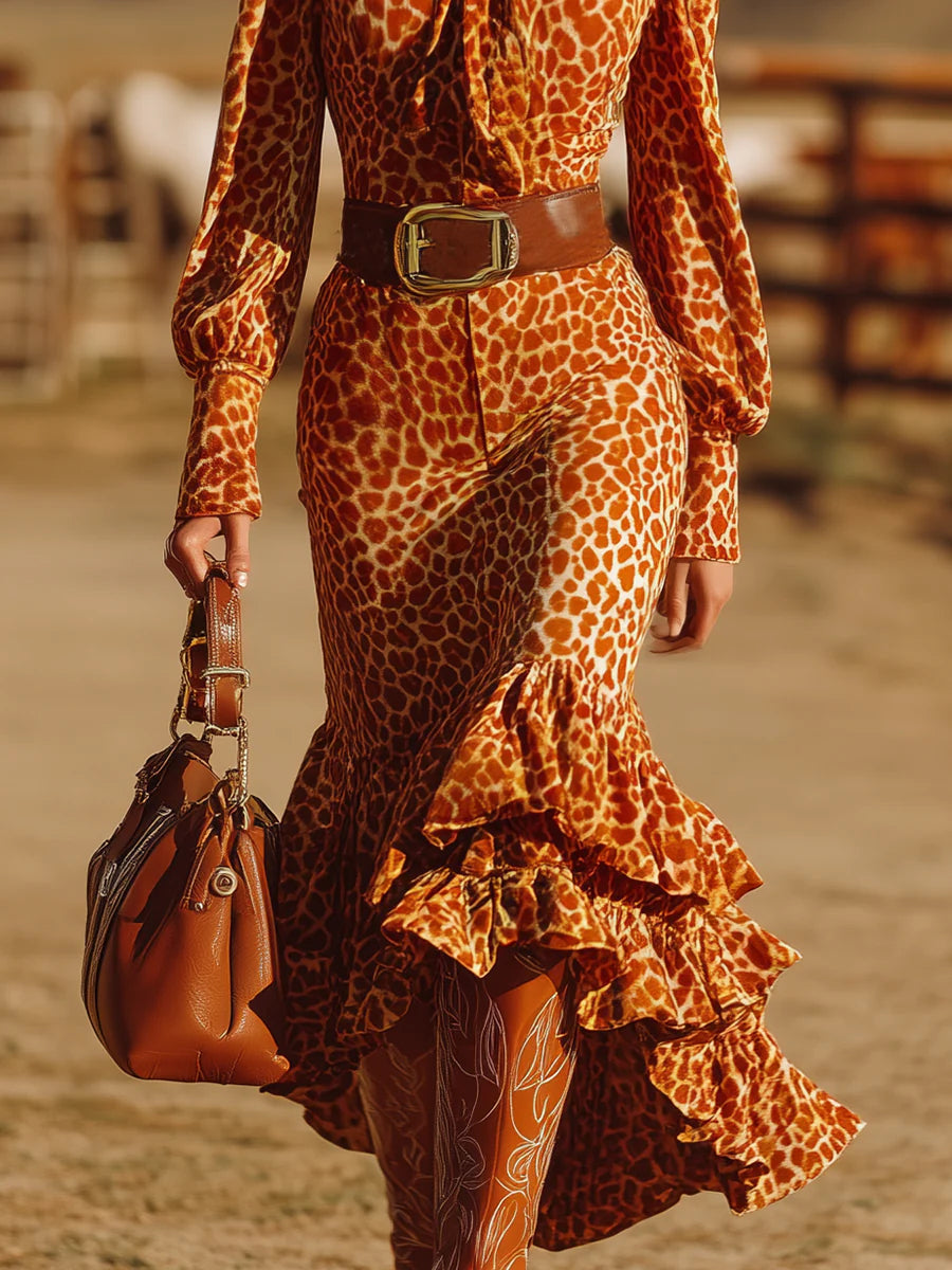 Retro Ruffled Orange Leopard Velvet Maxi Dress - Eliza-Warszawa