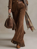 Retro Versatile Brown Faux Suede Tassel Flared Pants - Eliza-Warszawa