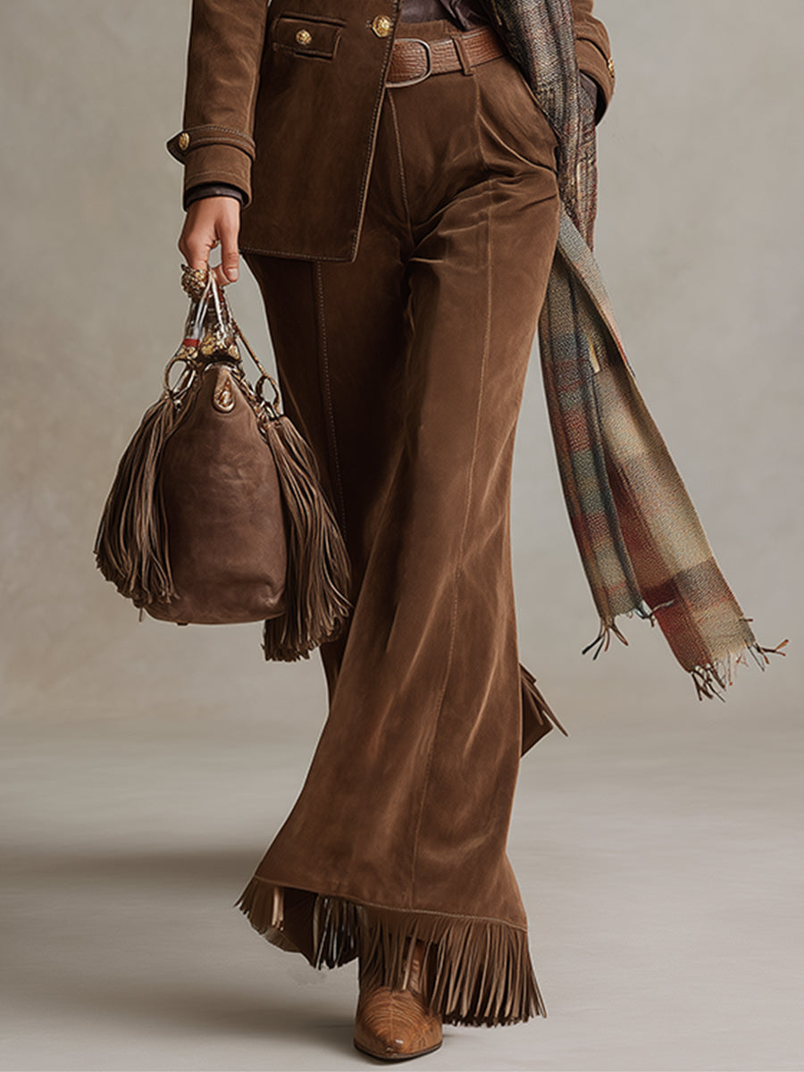 Retro Versatile Brown Faux Suede Tassel Flared Pants - Eliza-Warszawa