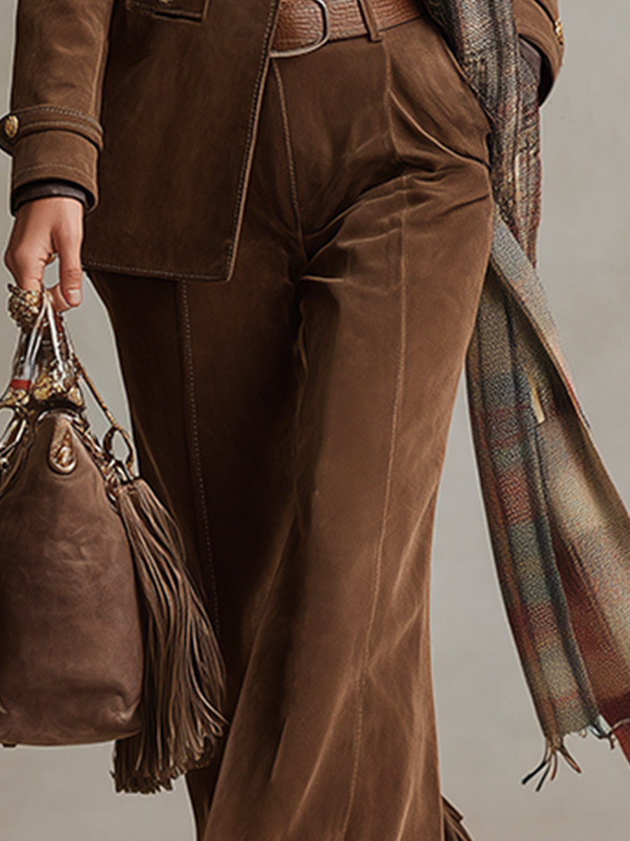 Retro Versatile Brown Faux Suede Tassel Flared Pants - Eliza-Warszawa