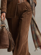 Retro Versatile Brown Faux Suede Tassel Flared Pants - Eliza-Warszawa