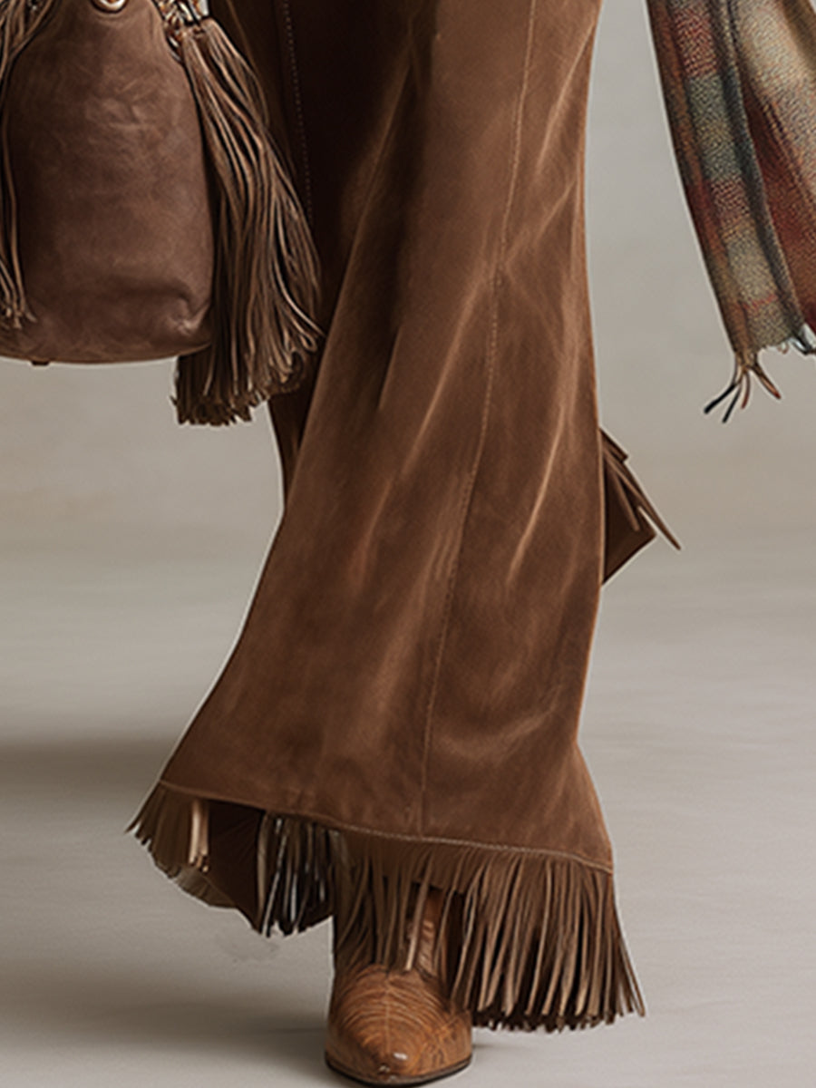 Retro Versatile Brown Faux Suede Tassel Flared Pants - Eliza-Warszawa