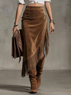 Retro Western Style Irregular Design Fringed Suede Skirt - Eliza-Warszawa