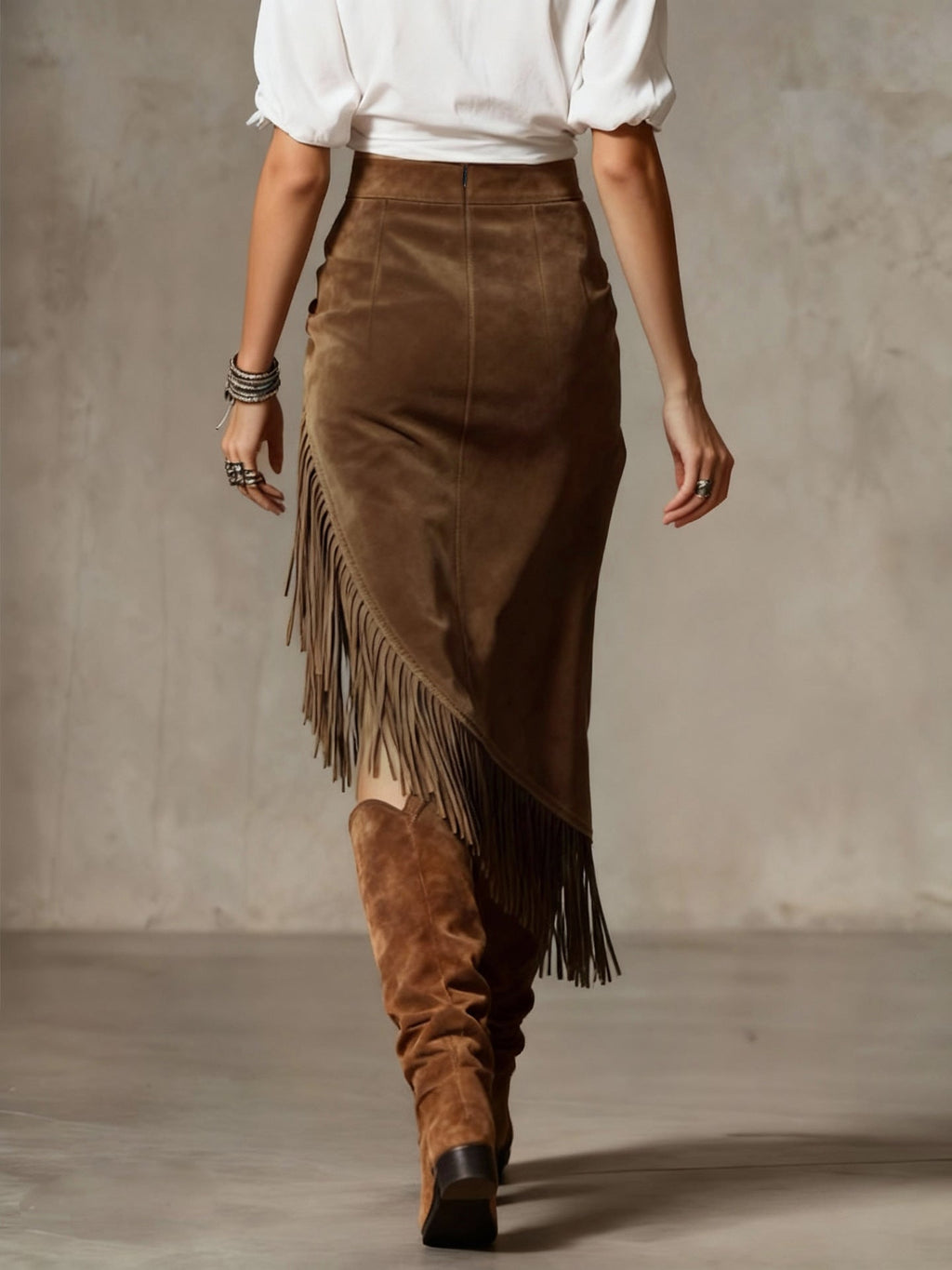 Retro Western Style Irregular Design Fringed Suede Skirt - Eliza-Warszawa