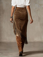 Retro Western Style Irregular Design Fringed Suede Skirt - Eliza-Warszawa