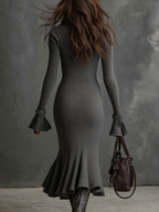 Retro Zipper Neck Trumpet Sleeve Knitted Midi Dress - Eliza-Warszawa