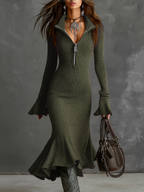Retro Zipper Neck Trumpet Sleeve Knitted Midi Dress - Eliza-Warszawa