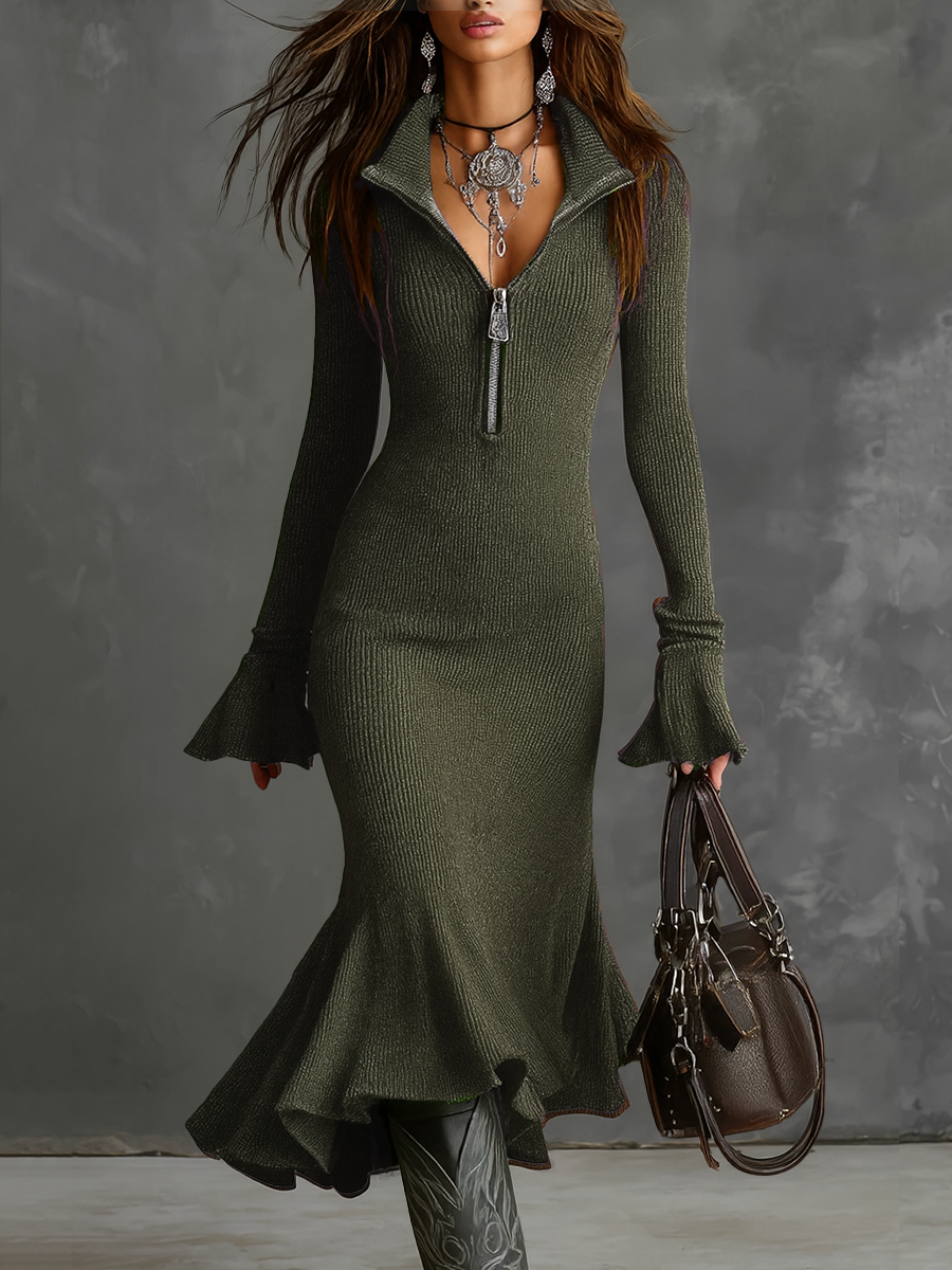 Retro Zipper Neck Trumpet Sleeve Knitted Midi Dress - Eliza-Warszawa
