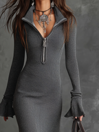 Retro Zipper Neck Trumpet Sleeve Knitted Midi Dress - Eliza-Warszawa