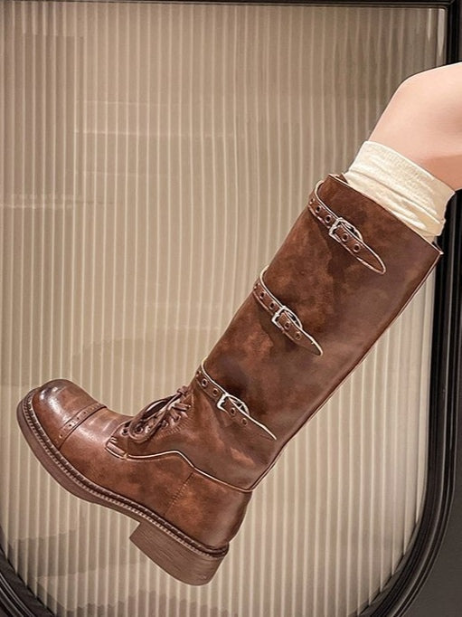 Retro distressed British square toe lace-up Martin boots - Eliza-Warszawa