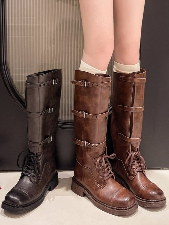 Retro distressed British square toe lace-up Martin boots - Eliza-Warszawa