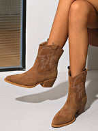Retro embroidered block heel round toe mid-calf knight boots - Eliza-Warszawa