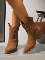 Retro embroidered block heel round toe mid-calf knight boots - Eliza-Warszawa