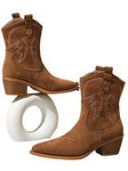 Retro embroidered block heel round toe mid-calf knight boots - Eliza-Warszawa