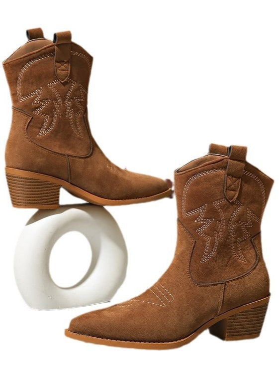 Retro embroidered block heel round toe mid-calf knight boots - Eliza-Warszawa