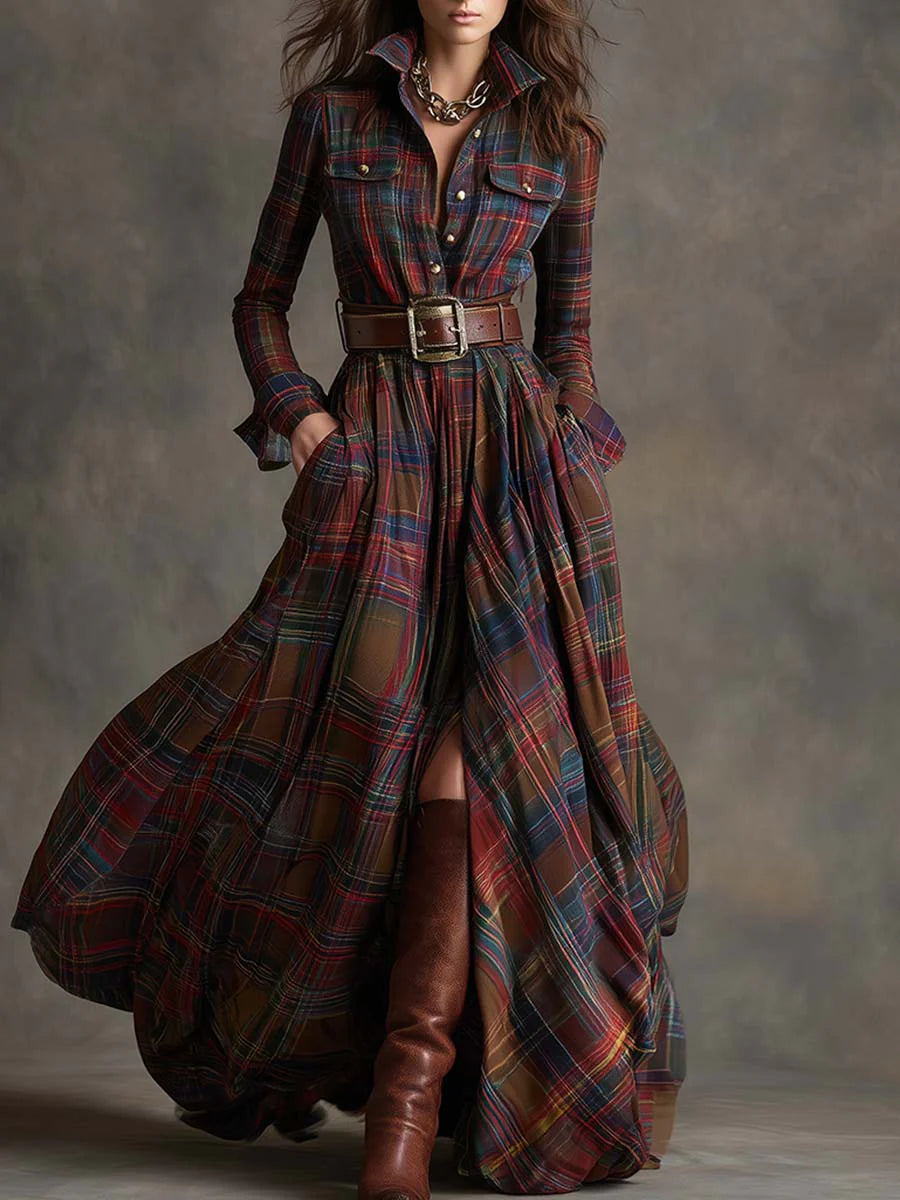 Retro lapel reddish brown plaid maxi dress - Eliza-Warszawa