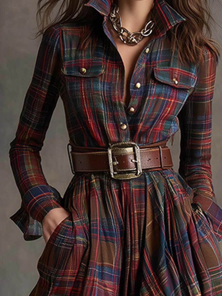 Retro lapel reddish brown plaid maxi dress - Eliza-Warszawa