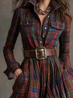 Retro lapel reddish brown plaid maxi dress - Eliza-Warszawa