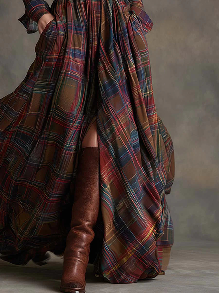 Retro lapel reddish brown plaid maxi dress - Eliza-Warszawa