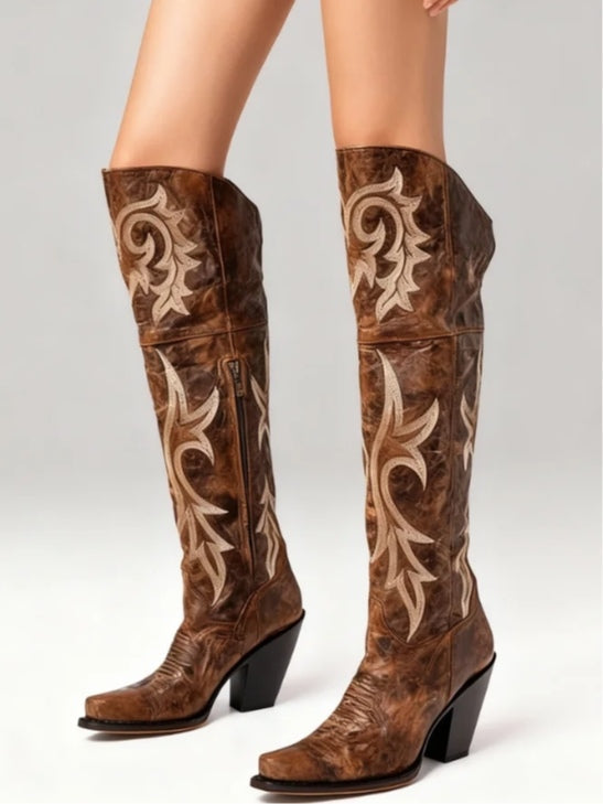 Retro pattern high-heeled thick-heeled high boots - Eliza-Warszawa