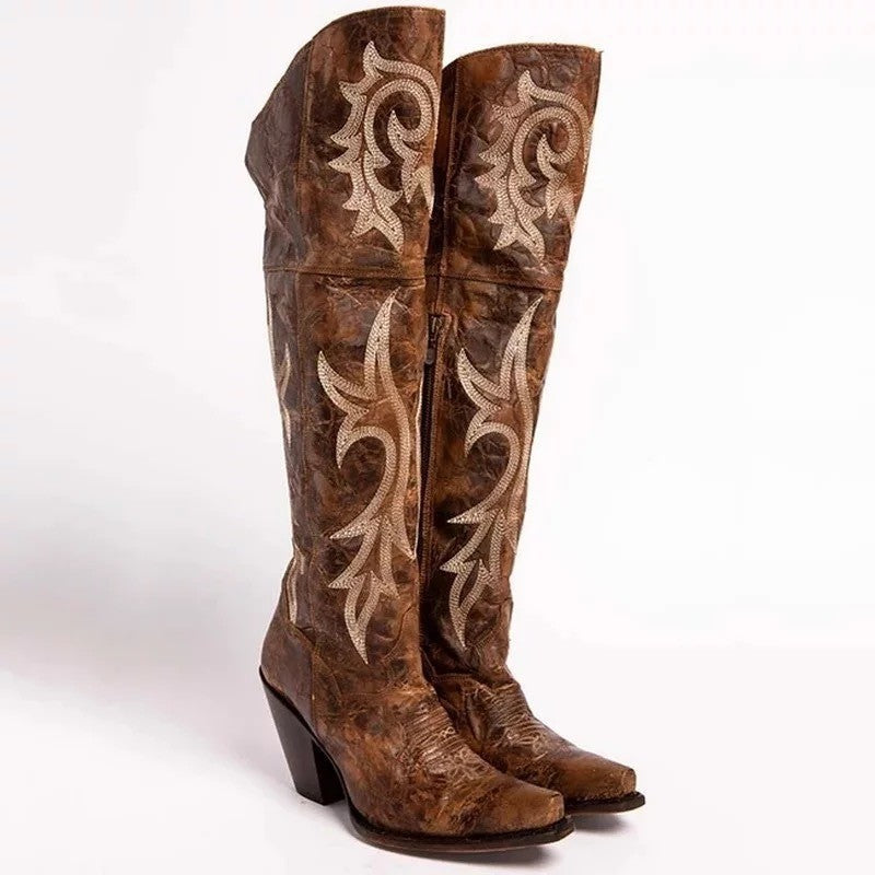 Retro pattern high-heeled thick-heeled high boots - Eliza-Warszawa