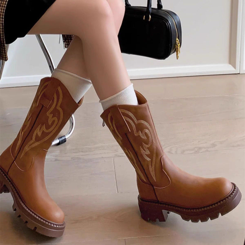 Retro soft leather thick-soled versatile mid-calf boots star_border - Eliza-Warszawa