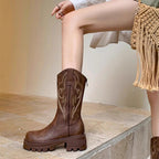 Retro soft leather thick-soled versatile mid-calf boots star_border - Eliza-Warszawa