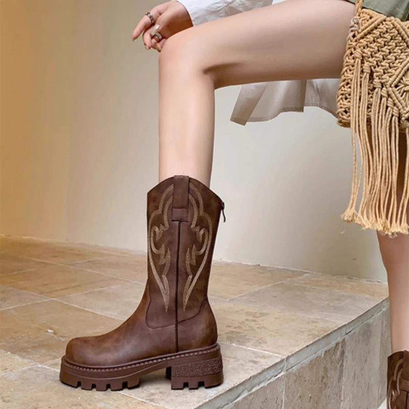 Retro soft leather thick-soled versatile mid-calf boots star_border - Eliza-Warszawa