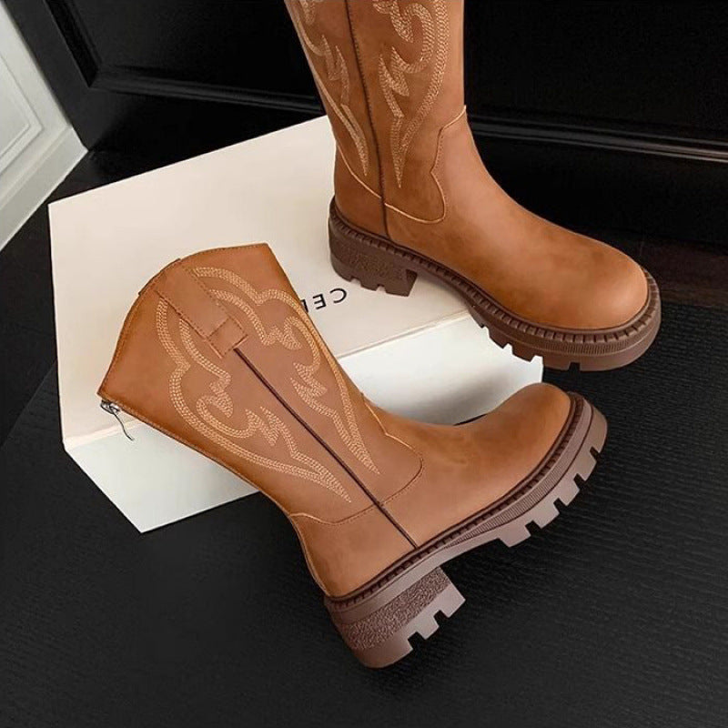 Retro soft leather thick-soled versatile mid-calf boots star_border - Eliza-Warszawa