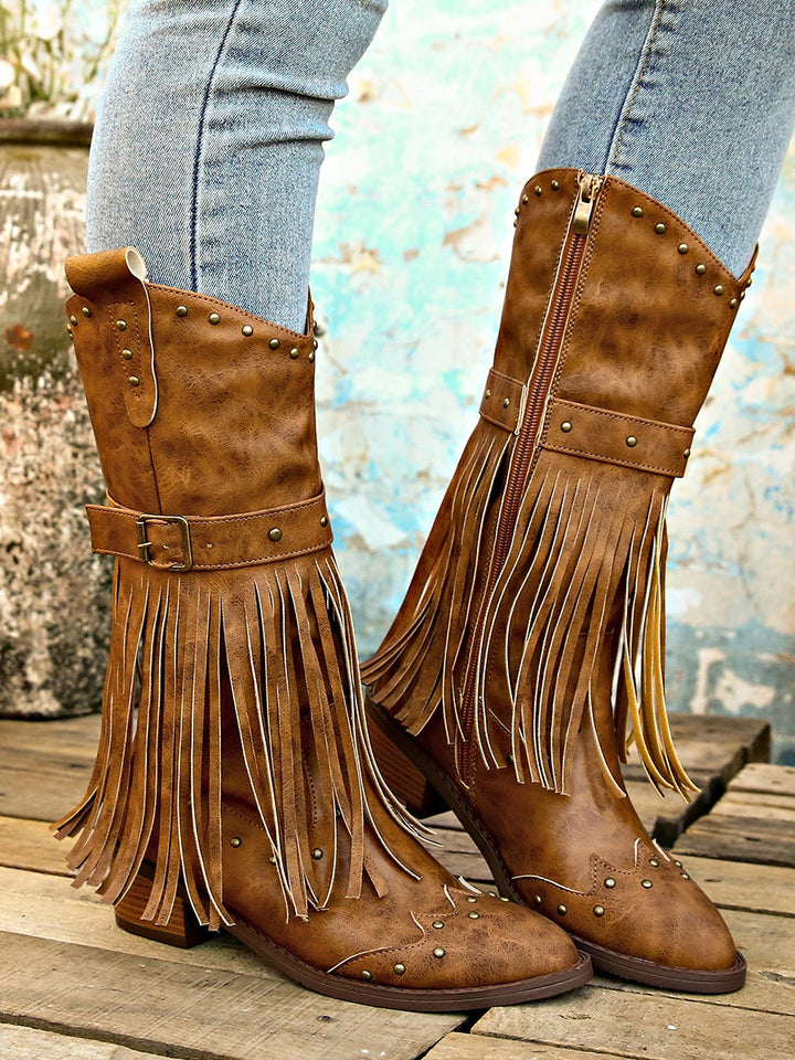 Retro tassel rivet belt knight boots