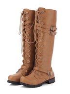 Round toe belt buckle rivet lace-up high-top riding boots - Eliza-Warszawa
