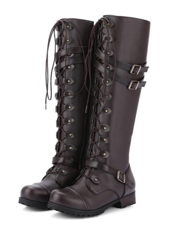 Round toe belt buckle rivet lace-up high-top riding boots - Eliza-Warszawa