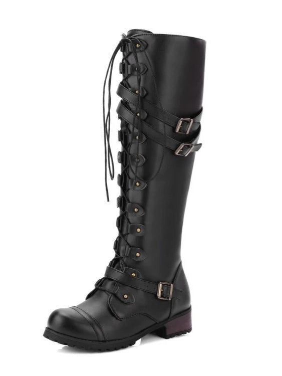 Round toe belt buckle rivet lace-up high-top riding boots - Eliza-Warszawa