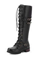 Round toe belt buckle rivet lace-up high-top riding boots - Eliza-Warszawa
