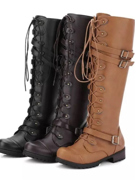Round toe belt buckle rivet lace-up high-top riding boots - Eliza-Warszawa