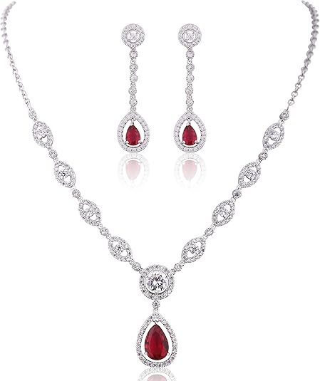 Ruby Halo Necklace and Earrings Set | White Gold - Eliza-Warszawa