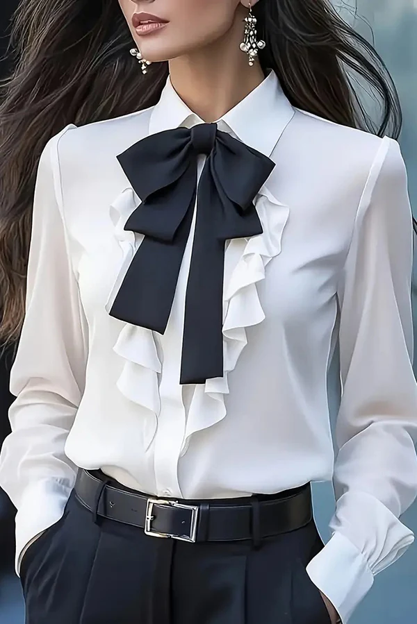 Ruffled Bow Tie Casual Long-sleeved Shirt - Eliza-Warszawa