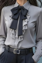 Ruffled Bow Tie Casual Long-sleeved Shirt - Eliza-Warszawa