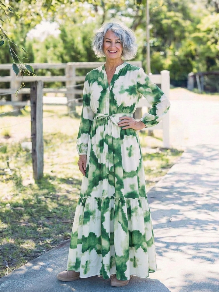 Sabine | Long Sleeve Maxi Dress with Tie Belt - Eliza-Warszawa