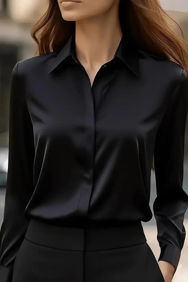 Satin Lapel Long-sleeved Casual Shirt - Eliza-Warszawa