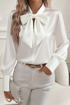 Satin Solid Color Casual Bow Long Sleeve Shirt - Eliza-Warszawa