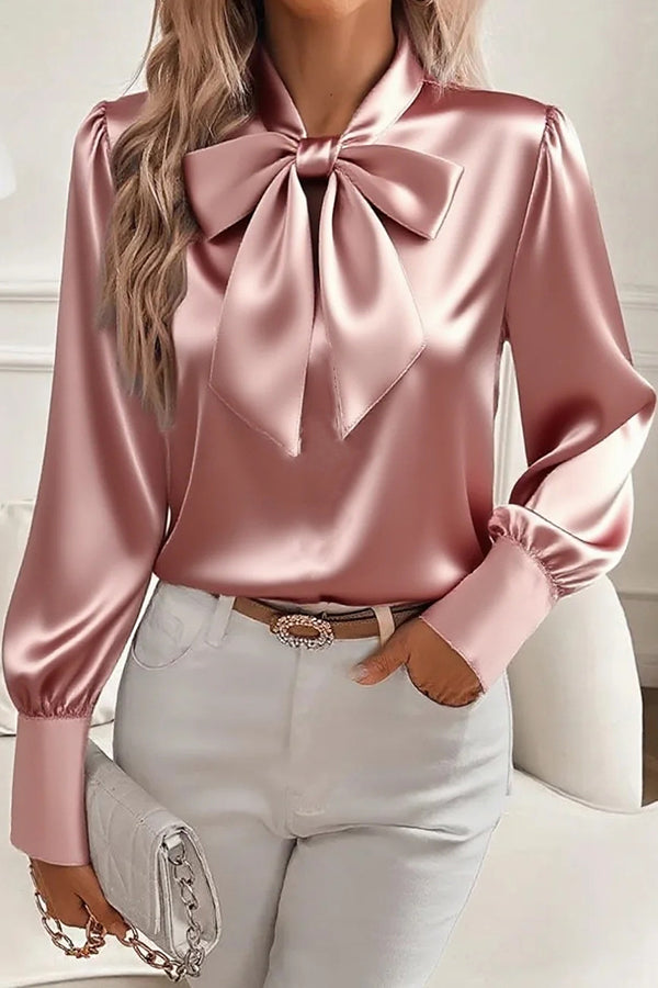 Satin Solid Color Casual Bow Long Sleeve Shirt - Eliza-Warszawa