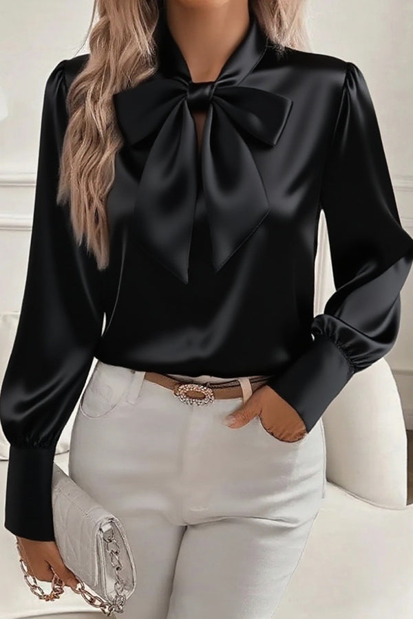 Satin Solid Color Casual Bow Long Sleeve Shirt - Eliza-Warszawa
