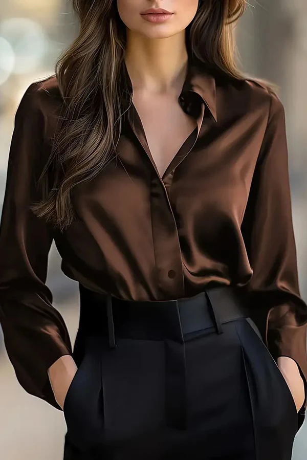 Satin Solid Color Long-sleeved Elegant Casual Shirt - Eliza-Warszawa