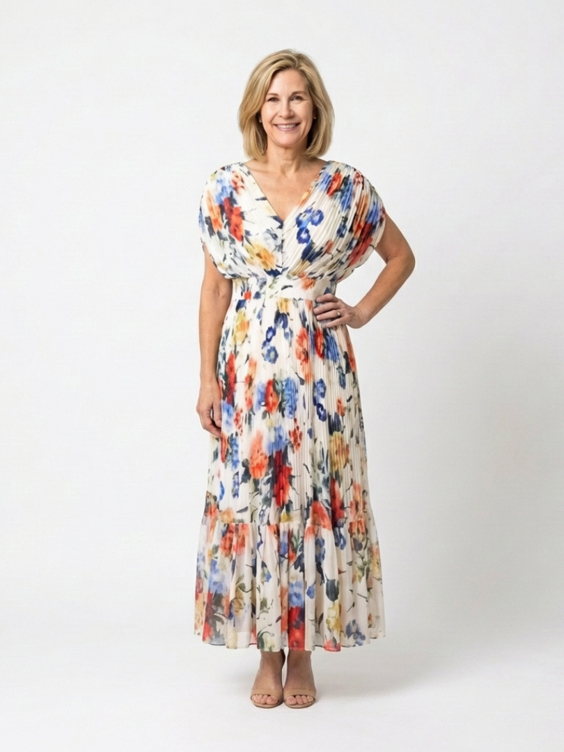 Savannah - Short Sleeve Pleated Floral Midi Dress - Eliza-Warszawa