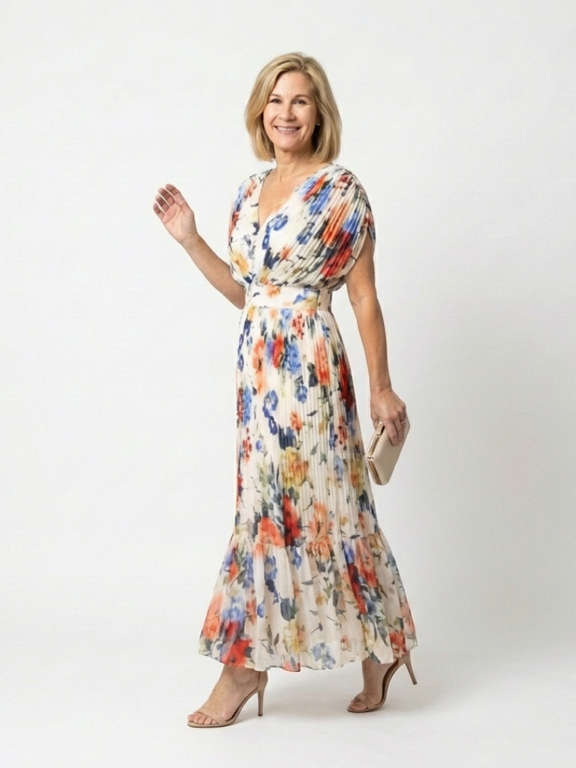 Savannah - Short Sleeve Pleated Floral Midi Dress - Eliza-Warszawa