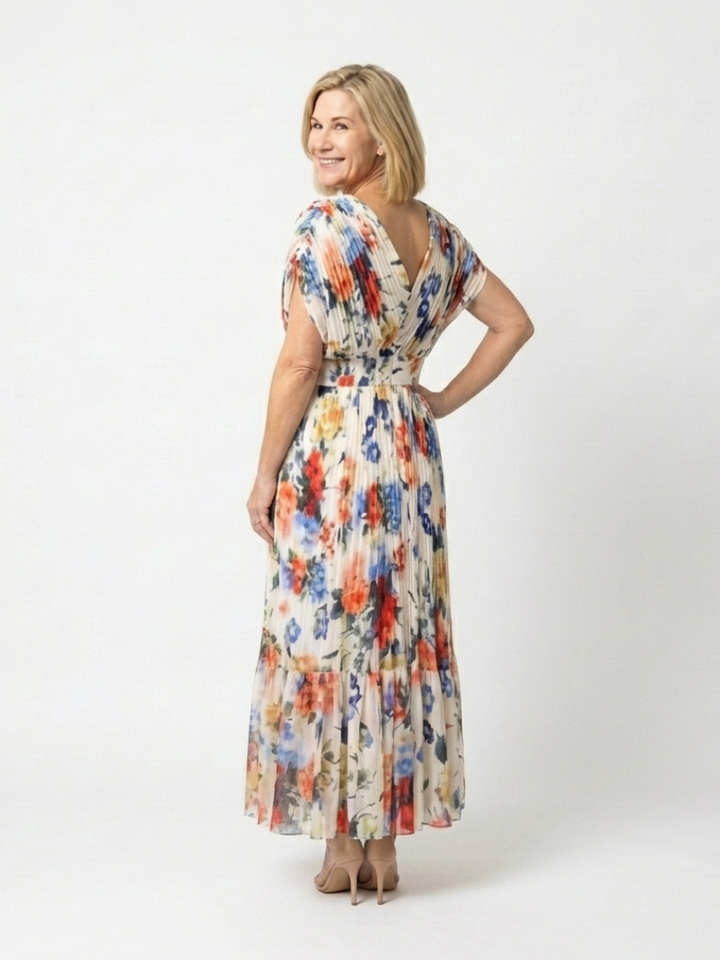 Savannah - Short Sleeve Pleated Floral Midi Dress - Eliza-Warszawa