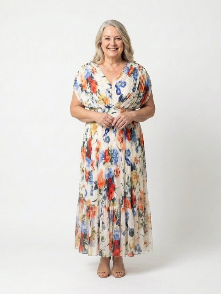 Savannah - Short Sleeve Pleated Floral Midi Dress - Eliza-Warszawa