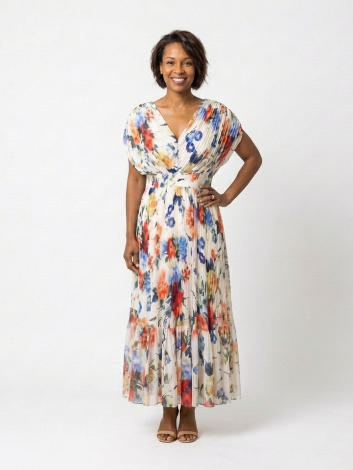 Savannah - Short Sleeve Pleated Floral Midi Dress - Eliza-Warszawa