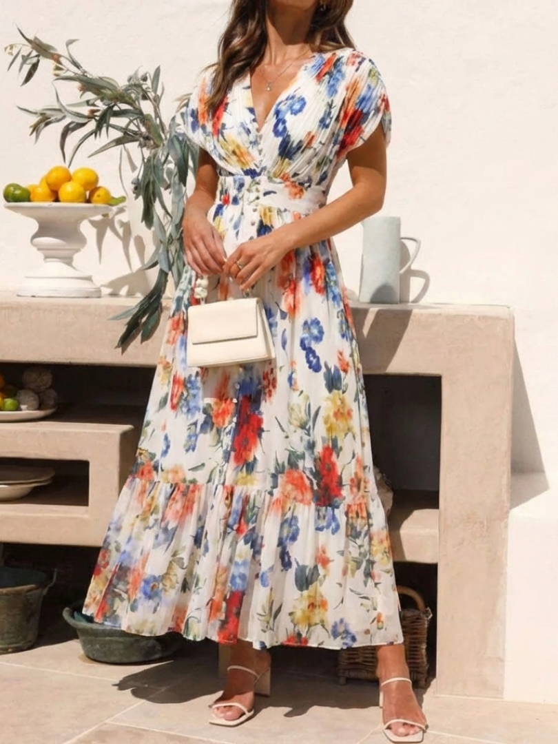 Savannah - Short Sleeve Pleated Floral Midi Dress - Eliza-Warszawa